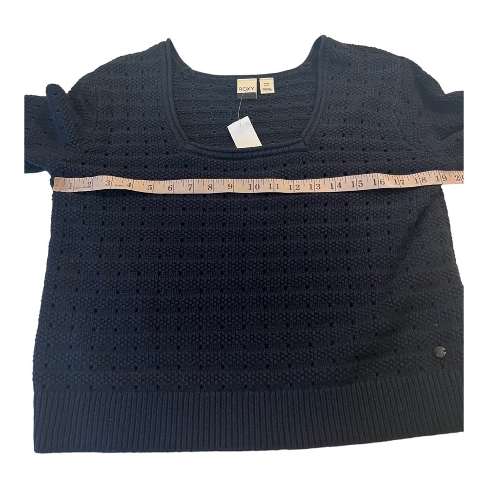 ROXY Pointelle Navy Birdy Day Square Neck Dropped Balloon Sleeve Navy Sweater - Picture 4 of 12